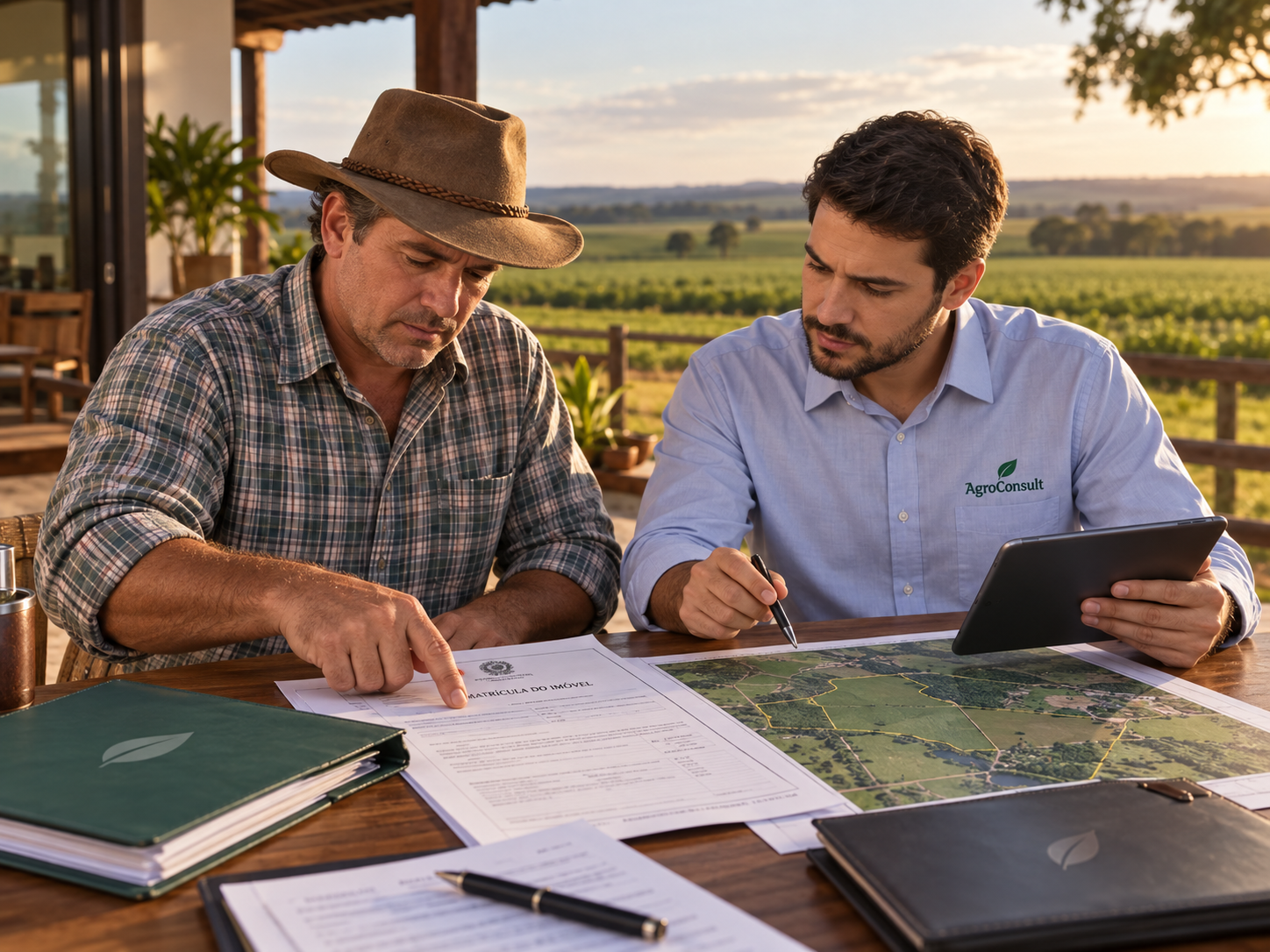 Produtor rural e consultor da AGROCONSULT analisando documentos e mapa da propriedade